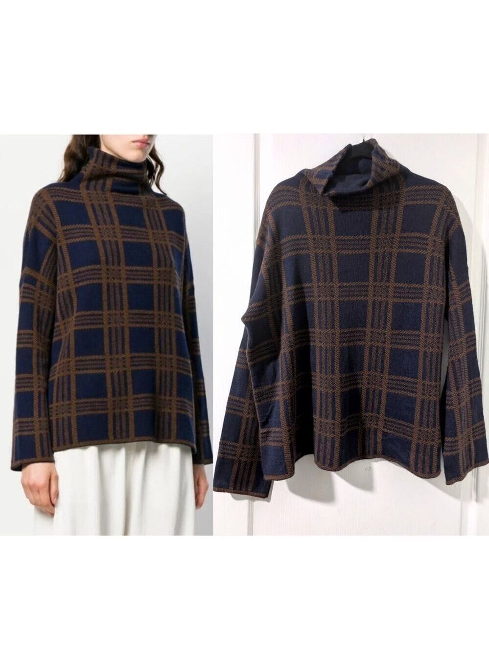 Vince | Plaid Wool Cashmere Blend Funnel Neck Sweater In Marine/Umbra